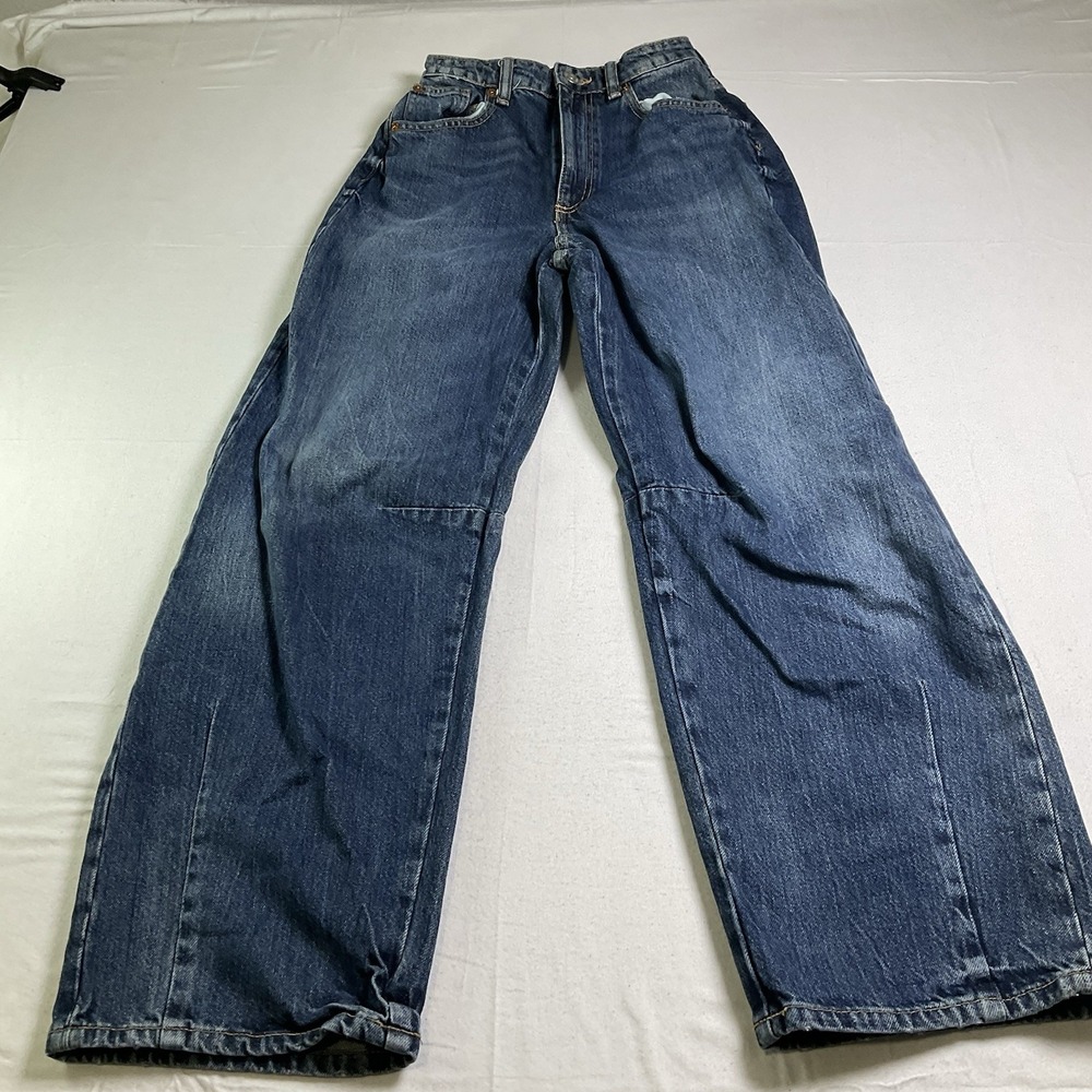 Zara Women's Size 0 Dark Blue Denim High Waisted Barrel Leg Wide Jeans 657